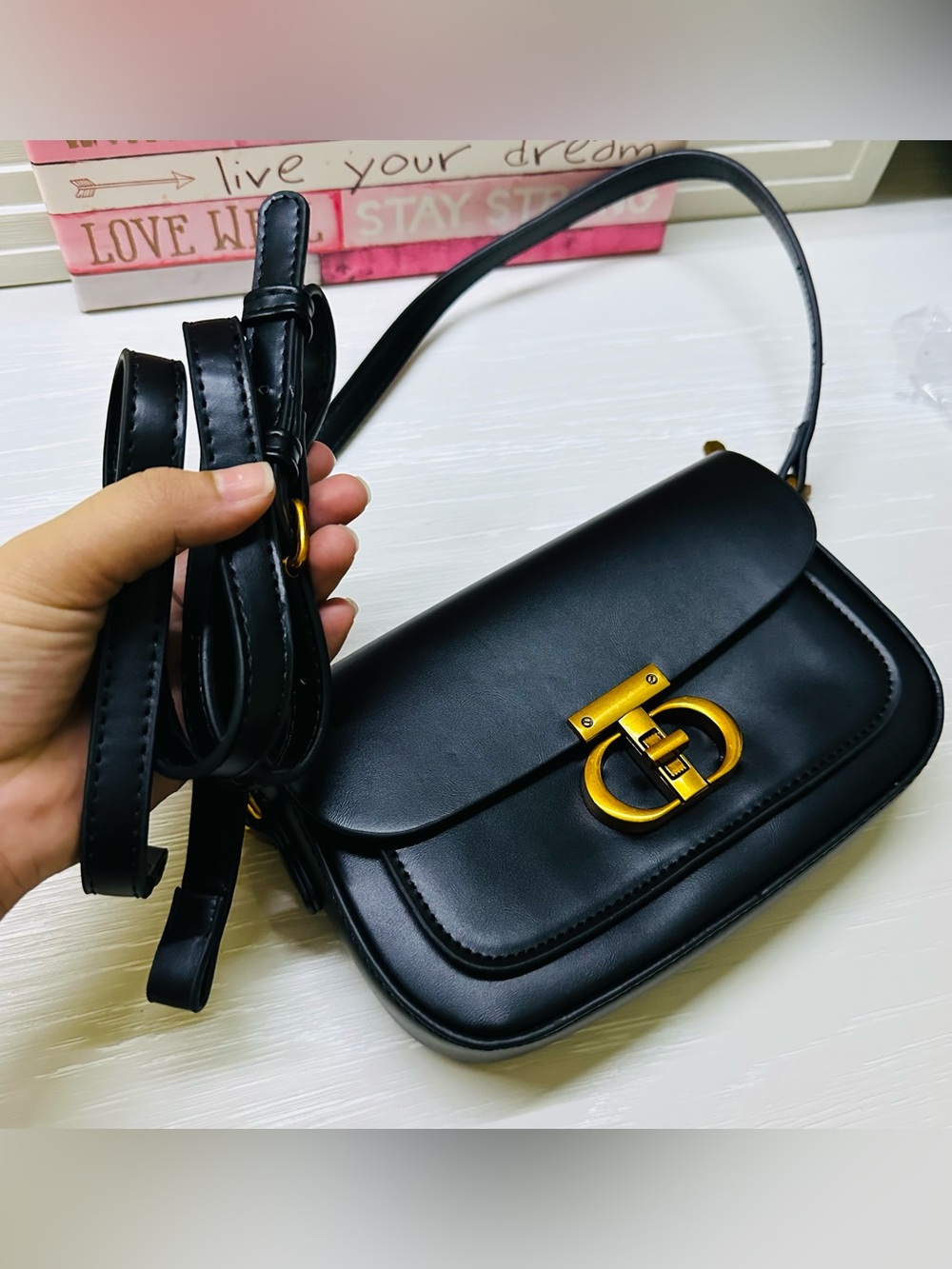 Black PU Leather Shoulder Bag with Gold Hardware - Picture 7 of 10
